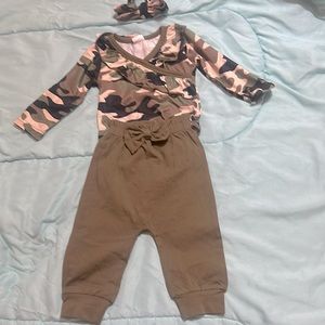 3pc camouflage romper top w/ army green colored pants and headband